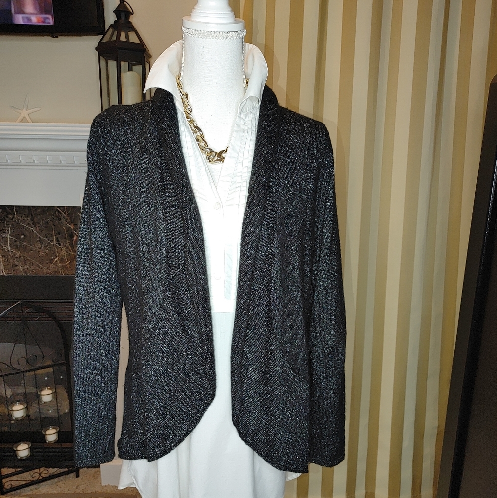 RAFAELLA OPEN FRONT CARDIGAN WITH METALLIC WEAVE, BLACK / SILVER METALLIC S - Picture 1 of 6